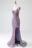 Sparkly Mermaid Light Purple Sequins Prom Dress with Slit