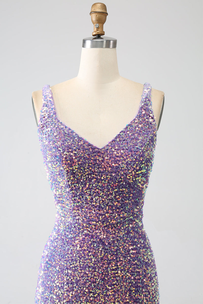 Load image into Gallery viewer, Sparkly Mermaid Light Purple Sequins Prom Dress with Slit