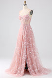 Sparkly Blush A Line Spaghetti Straps Sequin Corset Prom Dress With Slit