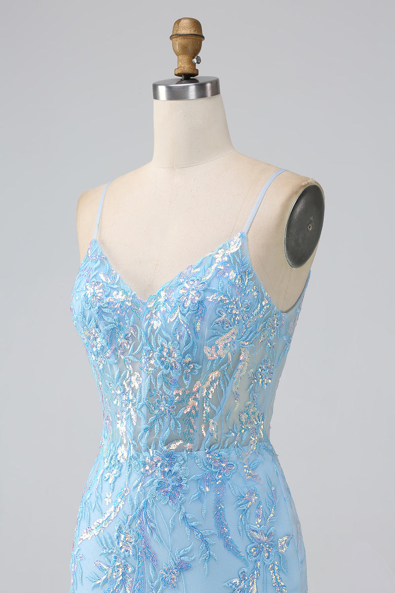 Load image into Gallery viewer, Sparkly Light Blue Mermaid Spaghetti Straps Long Prom Dress With Beading