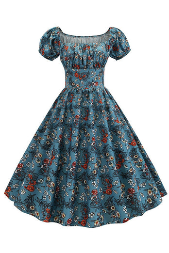 Puff Sleeves Printed Vintage Dress