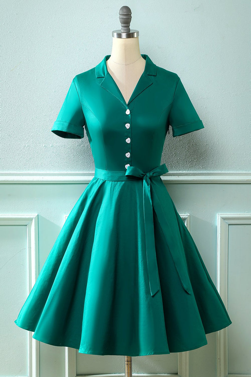 Load image into Gallery viewer, Army Green V Neck 1950s Dress with Bowknot