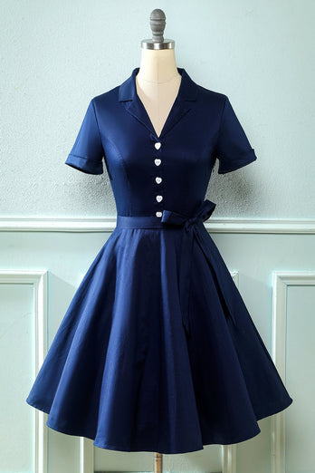Army Green V Neck 1950s Dress with Bowknot