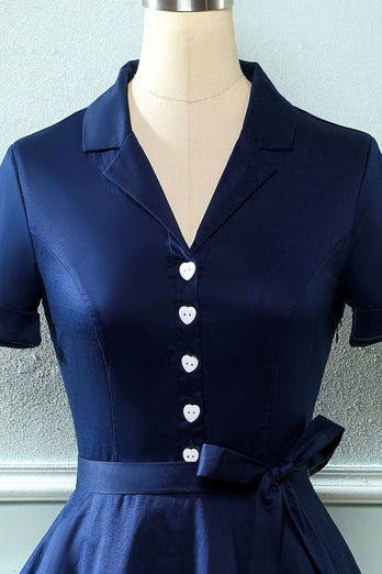 Army Green V Neck 1950s Dress with Bowknot