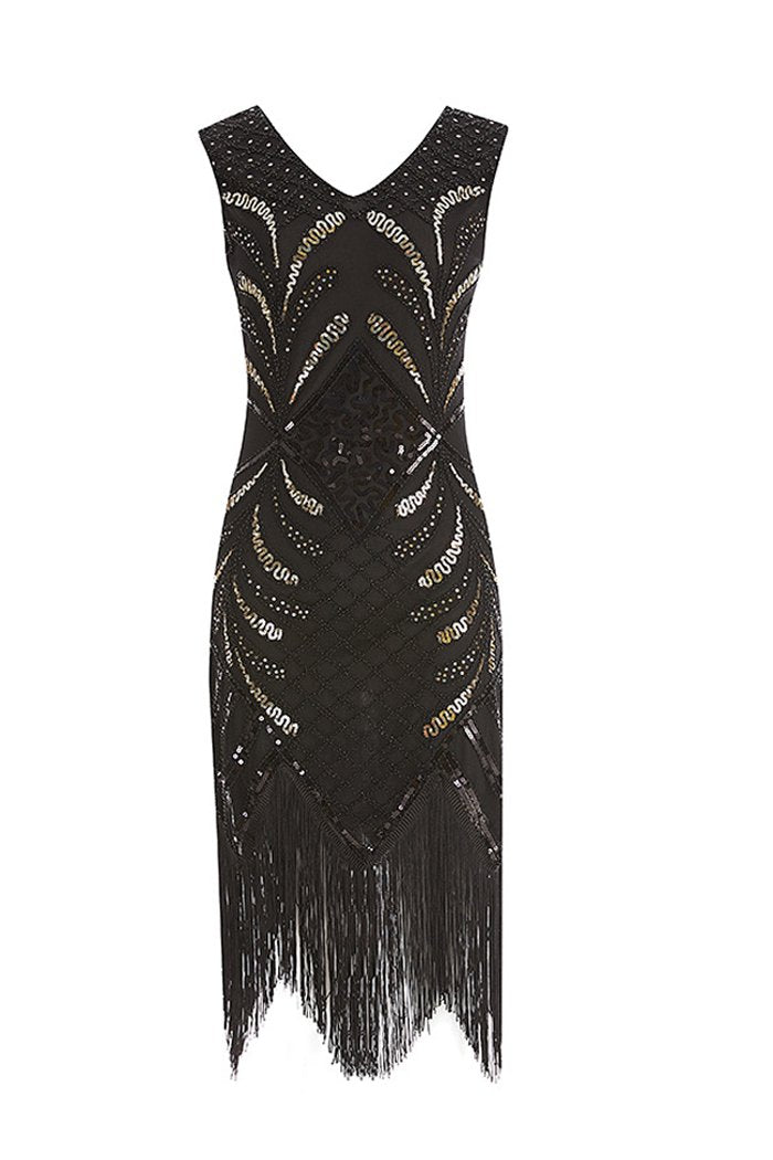 Black Fringe Gold Sequin 1920s Dress
