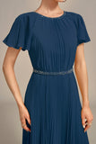 Navy A-Line Round Neck Pleated Mother of Bride Dress With Short Sleeves