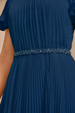 Navy A-Line Round Neck Pleated Mother of Bride Dress With Short Sleeves