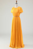 A-Line Round Neck Pleated Yellow Mother of Bride Dress With Short Sleeves