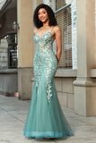 Stunning Mermaid Spaghetti Straps Light Green Corset Prom Dress with Appliques