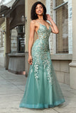 Stunning Mermaid Spaghetti Straps Light Green Corset Prom Dress with Appliques