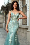 Stunning Mermaid Spaghetti Straps Light Green Corset Prom Dress with Appliques