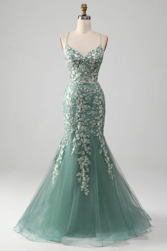 Mermaid Lace-Up Back Light Green Prom Dress with Appliques