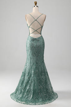 Spaghetti Staps Sparkly Grey Green Prom Dress with Beading