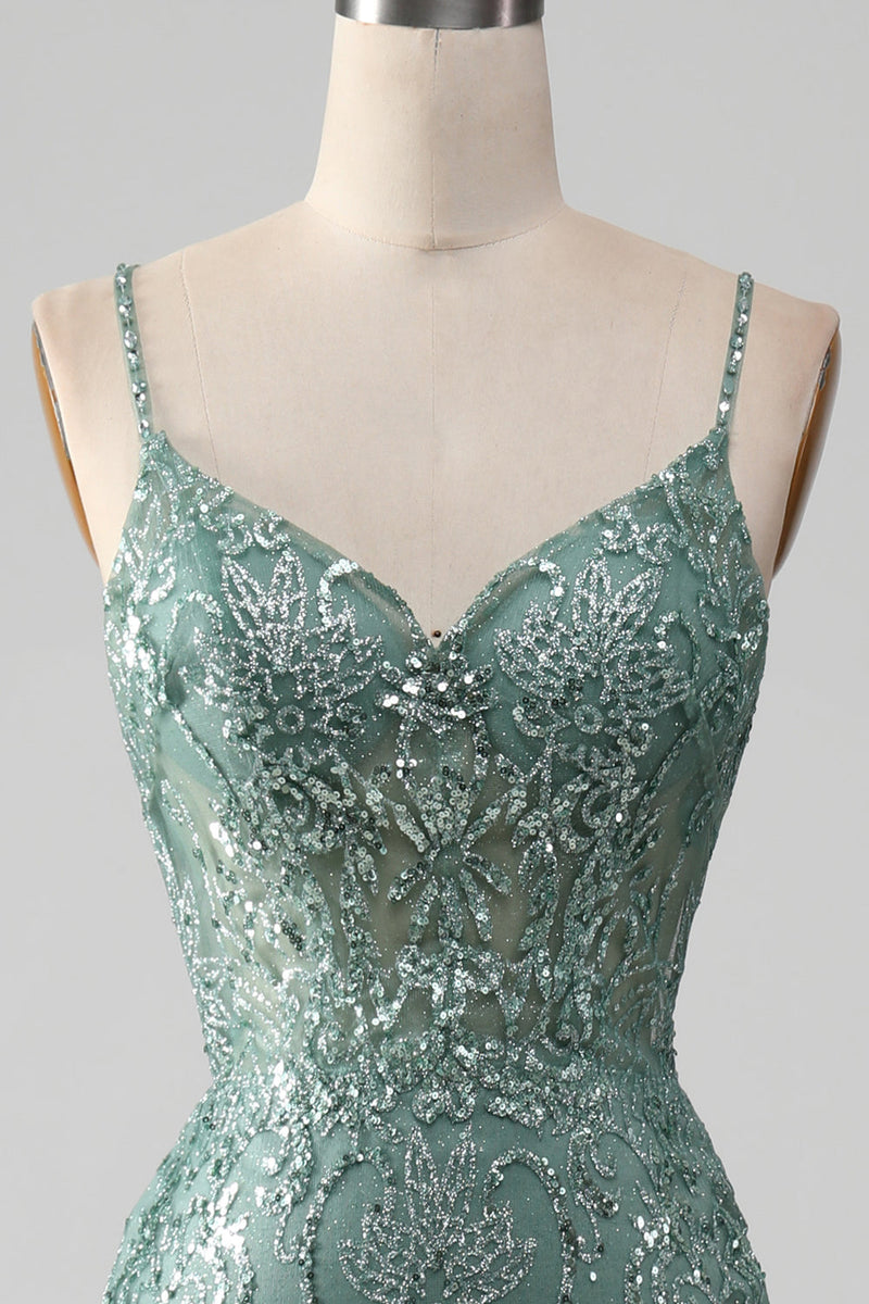 Load image into Gallery viewer, Spaghetti Staps Sparkly Grey Green Prom Dress with Beading