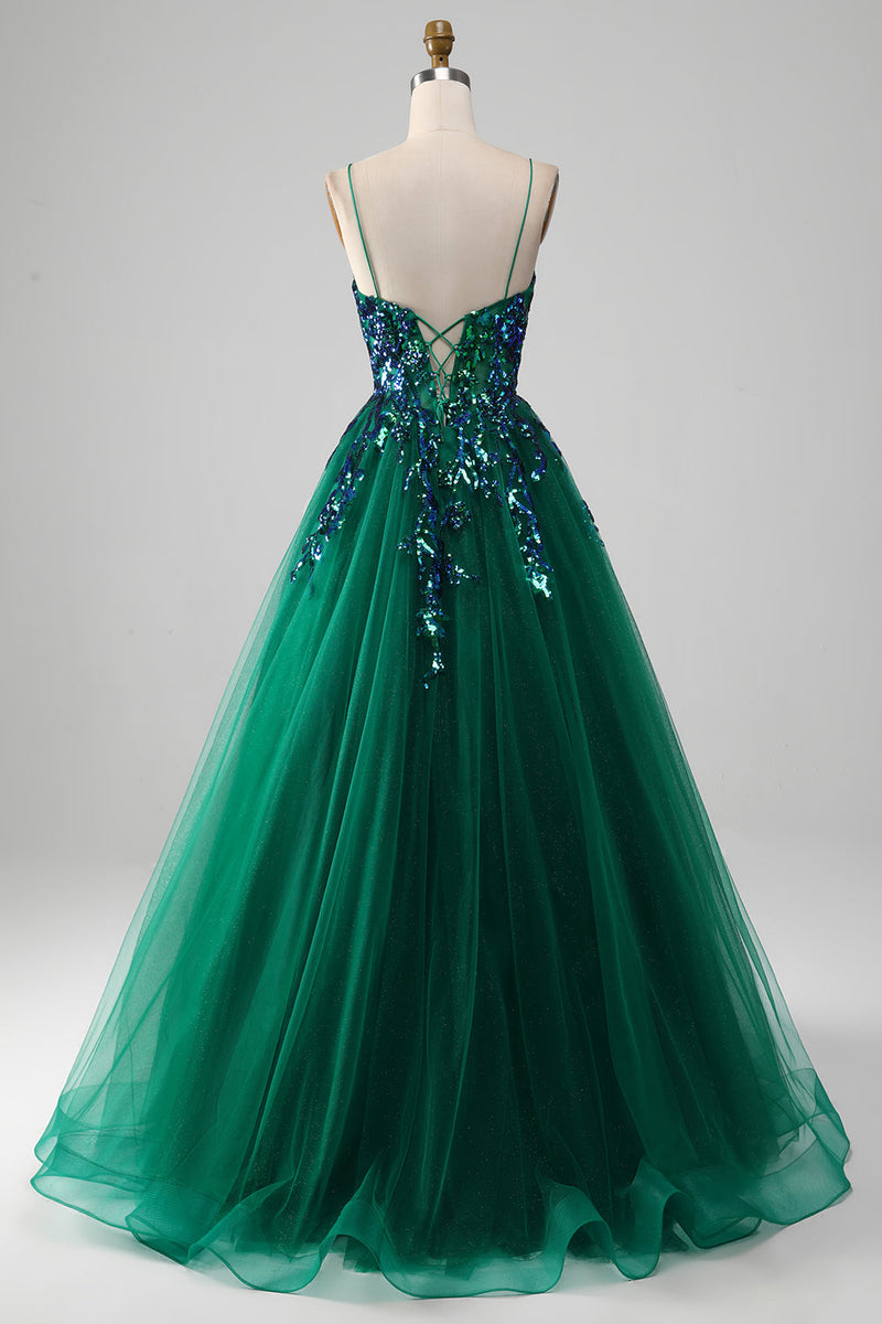 Load image into Gallery viewer, Tulle Spaghetti Straps Dark Green Prom Dress with Sequins