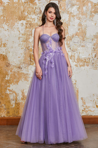 A-Line Spaghetti Straps Purple Corset Prom Dress with 3D Flowers