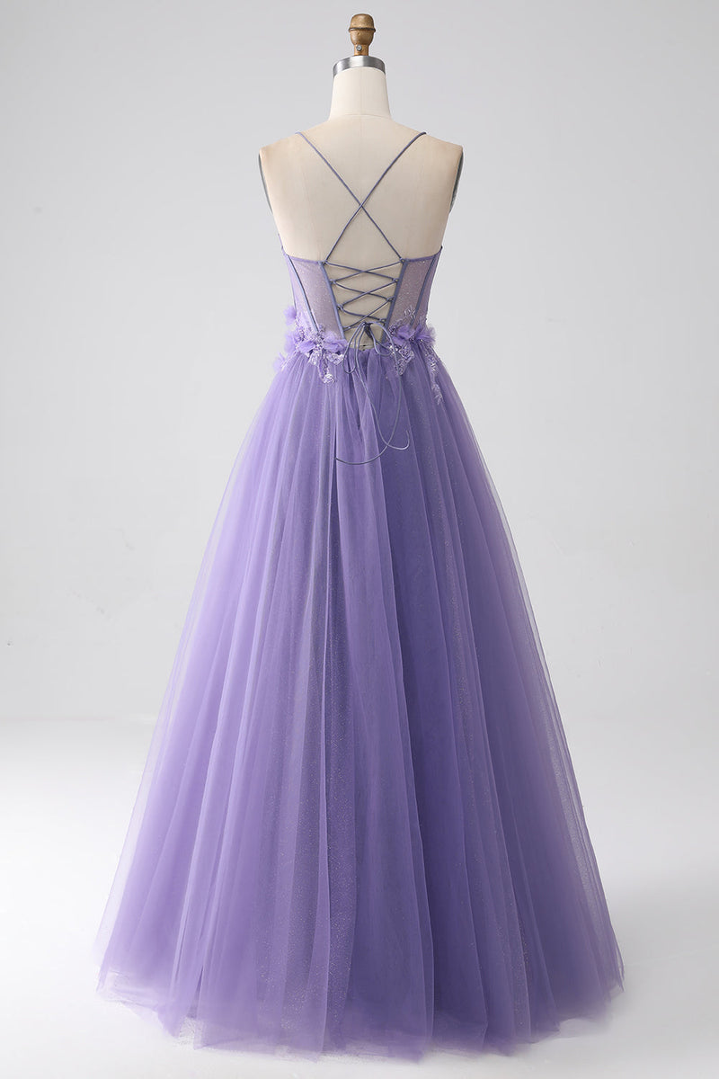 Load image into Gallery viewer, Purple A-Line Spaghetti Straps Corset Prom Dress with 3D Flowers