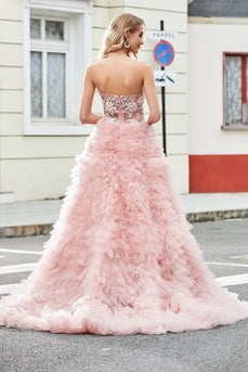 A-Line Strapless Beaded Blush Tiered Long Prom Dress