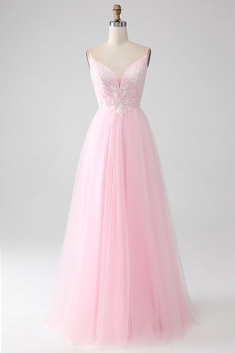 Light Pink A-Line Spaghetti Straps Prom Dress with Beading