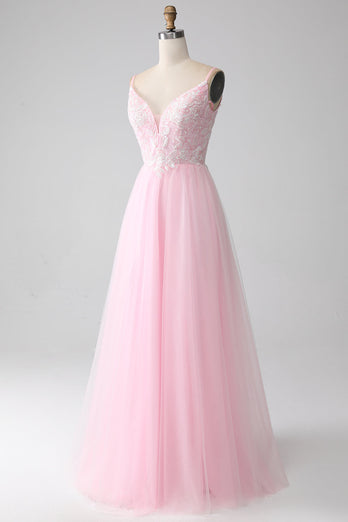 Light Pink A-Line Spaghetti Straps Prom Dress with Beading