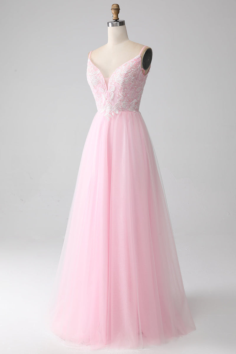 Load image into Gallery viewer, Light Pink A-Line Spaghetti Straps Prom Dress with Beading