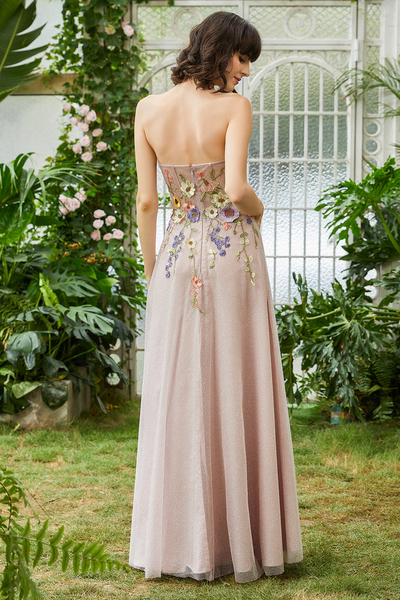 Load image into Gallery viewer, Elegant A Line Strapless Blush Long Wedding Guest Dress with 3D Flowers