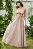 Elegant A Line Strapless Blush Long Wedding Guest Dress with 3D Flowers