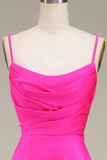 Hot Pink Spaghetti Straps A-line Prom Dress with Pleated