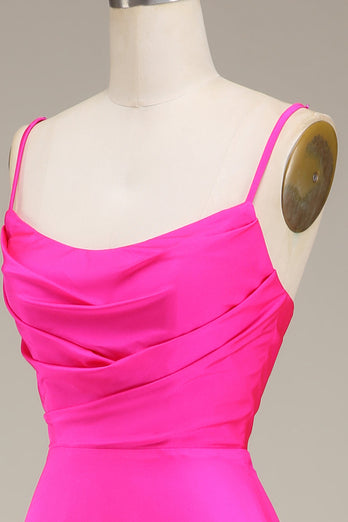 Hot Pink Spaghetti Straps A-line Prom Dress with Pleated