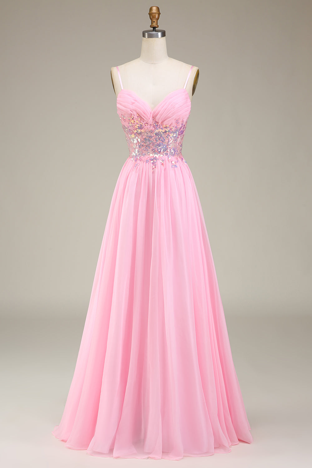 Pink Corset Spaghetti Straps A-line Prom Dress with Pleated