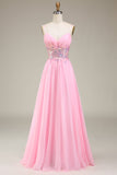 Pink Corset Spaghetti Straps A-line Prom Dress with Pleated