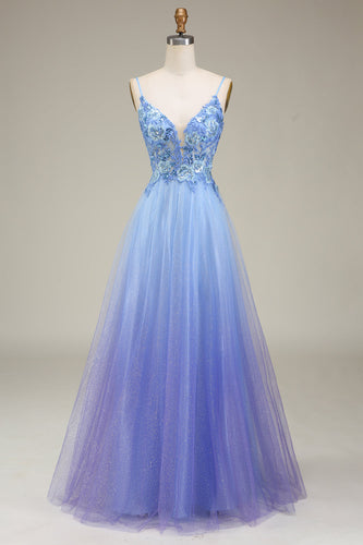 Sparkly Blue Tulle Prom Dress with Appliques