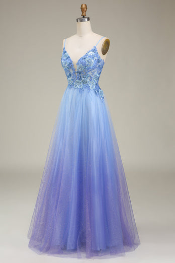 Sparkly Blue Tulle Prom Dress with Appliques
