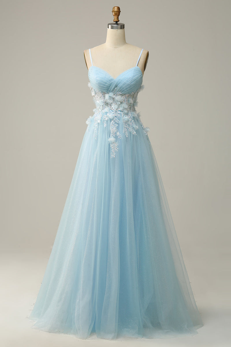 Load image into Gallery viewer, A Line Spaghetti Straps Sky Blue Prom Dress with Appliques