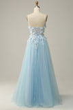 A Line Spaghetti Straps Sky Blue Prom Dress with Appliques