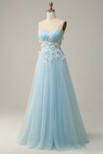 A Line Spaghetti Straps Sky Blue Prom Dress with Appliques