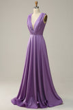 A Line Deep V Neck Purple Sleeveless Long Prom Dress