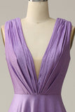 A Line Deep V Neck Purple Sleeveless Long Prom Dress