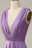 A Line Deep V Neck Purple Sleeveless Long Prom Dress