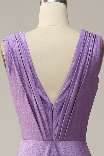 A Line Deep V Neck Purple Sleeveless Long Prom Dress
