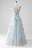 Light Blue A-Line Off the Shoulder Long Corset Prom Dress