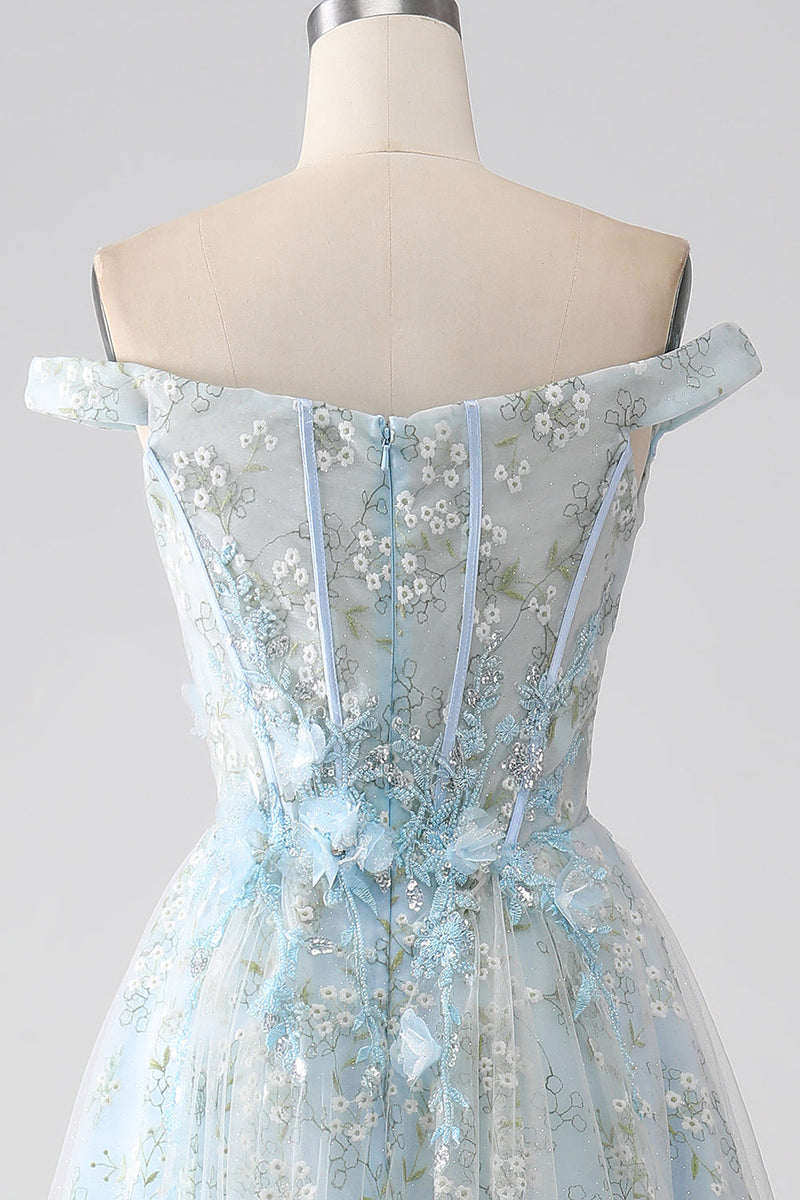 Load image into Gallery viewer, Light Blue A-Line Off the Shoulder Long Corset Prom Dress