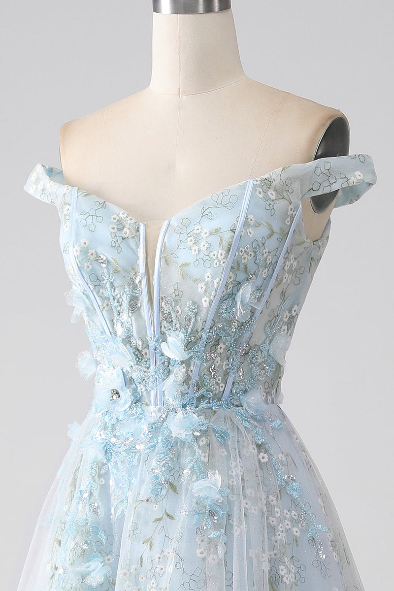Load image into Gallery viewer, Light Blue A-Line Off the Shoulder Long Corset Prom Dress