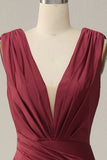 Mermaid Deep V Neck Burgundy Sleeveless Long Prom Dress