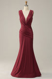 Mermaid Deep V Neck Burgundy Sleeveless Long Prom Dress