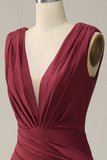 Mermaid Deep V Neck Burgundy Sleeveless Long Prom Dress