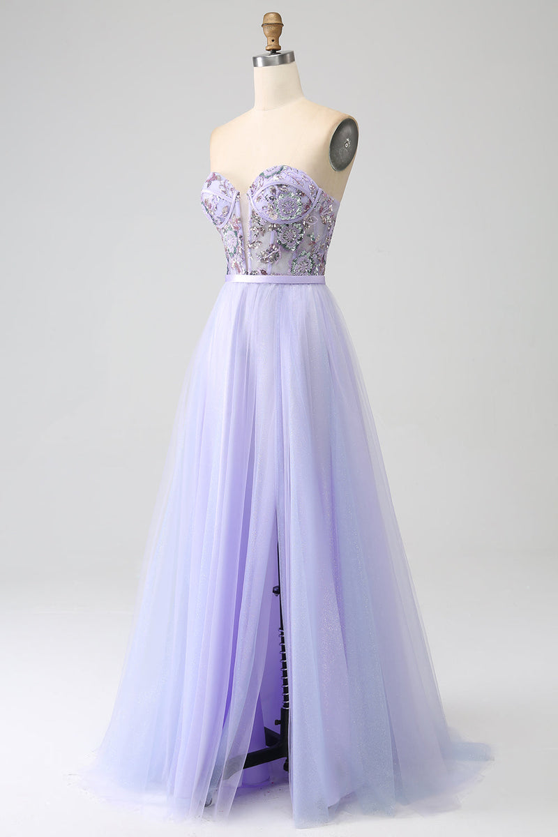 Load image into Gallery viewer, Lavender A Line Tulle Corset Prom Dress with Slit