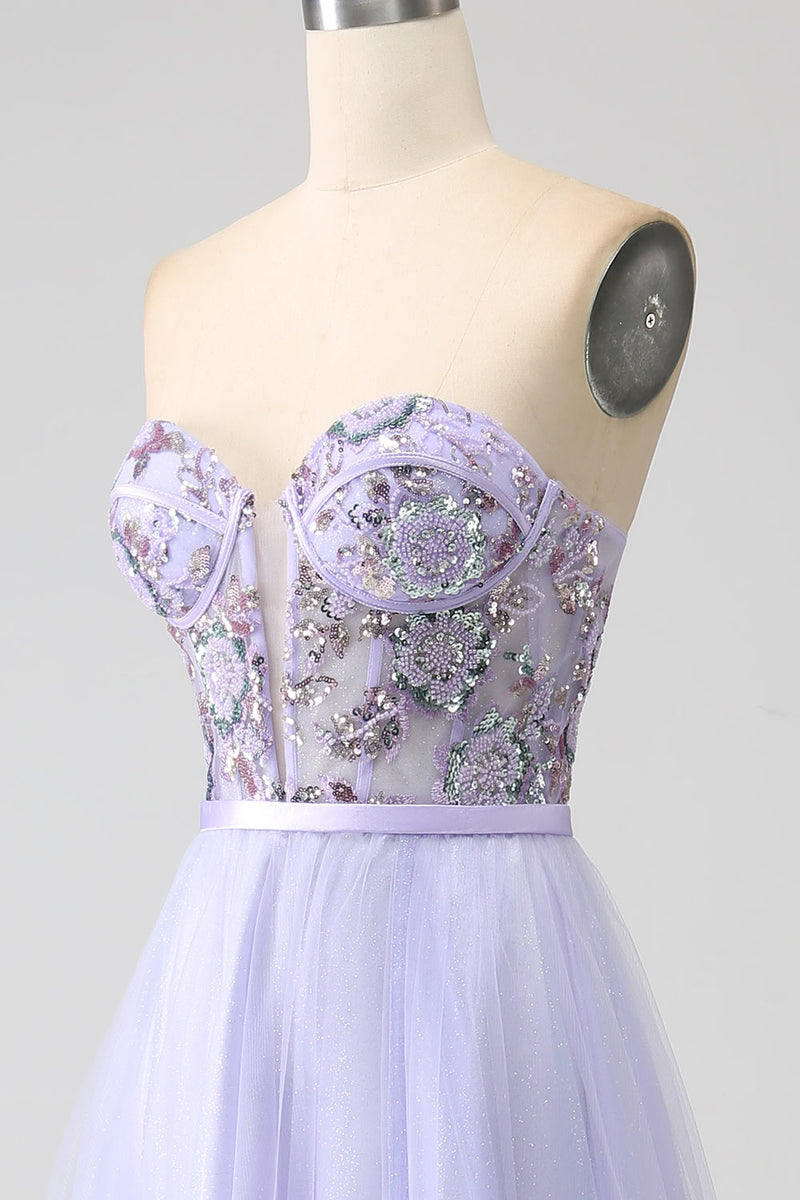 Load image into Gallery viewer, Lavender A Line Tulle Corset Prom Dress with Slit