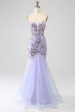 Mermaid Strapless Lavender Corset Prom Dress with Beading