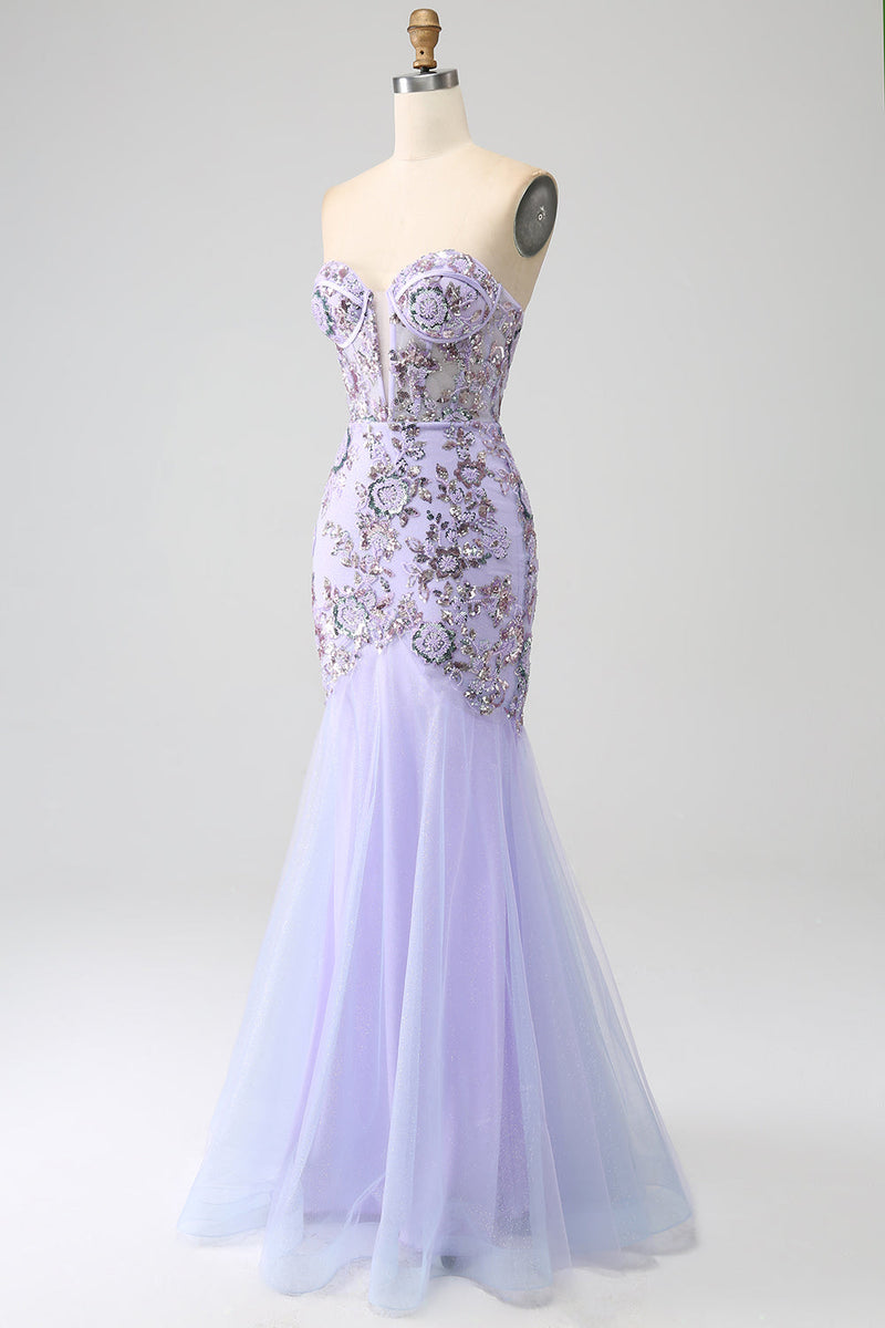 Load image into Gallery viewer, Mermaid Strapless Lavender Corset Prom Dress with Beading